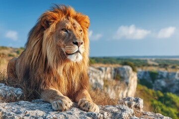 Naklejka premium Majestic lion with a flowing mane banner