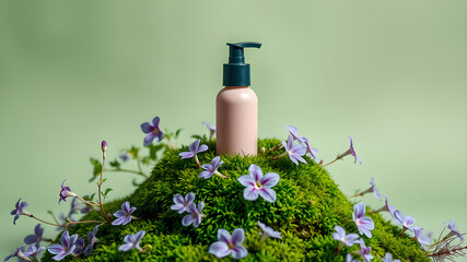 Pink pump bottle on moss with purple flowers dispenser