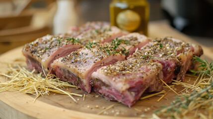 Raw pork ribs seasoned with herbs and spices, placed on a wooden butchers board with straw scattered around in a farm kitchen --ar 16:9 --v 6.1 Job ID: 3f94a36a-0f49-4500-a4e5-56b7912cb9f9