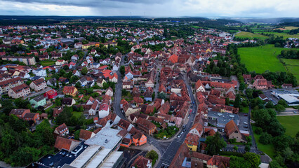 A panoramic aerial view around the old town in Langenzenn Germany on a cloudy spring morning