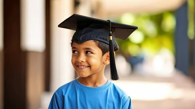 Portrait of a smiling young boy wearing a graduation cap looking happy and excited celebrating academic achievement and success.