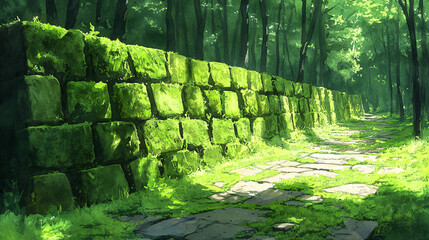 Walking pathway through lush green forest nature scene tranquil environment vibrant light serene viewpoint