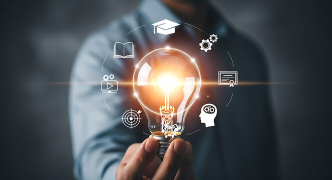 Glowing lightbulb with educational icons learning knowledge