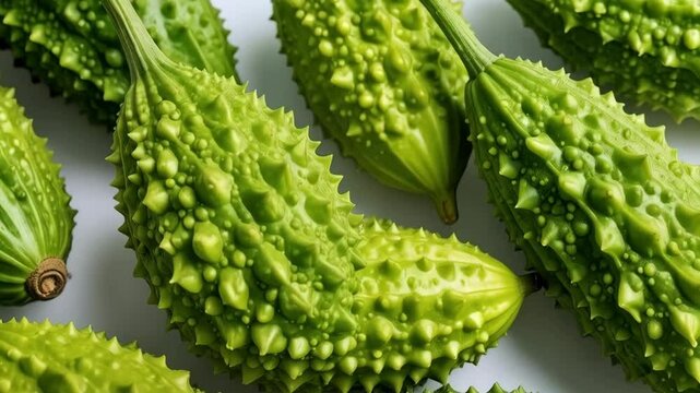 Close-up of bitter melons, showcasing their unique texture, vibrant green color, and potential culinary or medicinal uses on bright background