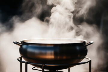 Steam Rising from a Stainless Steel Pot on Outdoor Stove