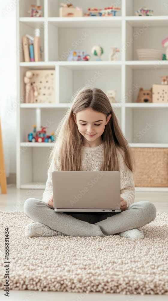 Poster happy elementary school student using laptop sitting on carpet in playroom with white bookcase full 