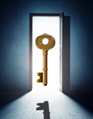 A golden key floating in front of a closed door made of shadows, concept of truth