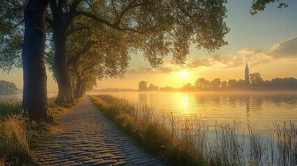Sunrise reflection over tranquil lake pathway scenic waterscape nature photography serene environment