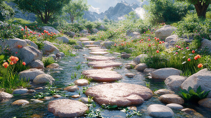 Tranquil stream flowing through flowered path serene nature scene landscape photography peaceful environment scenic viewpoint