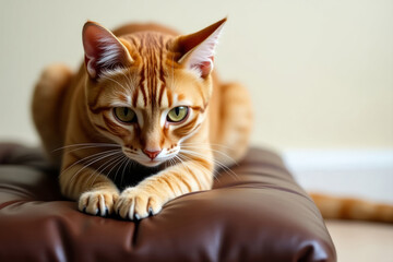 Cat scratching the leather seat with sharp claws