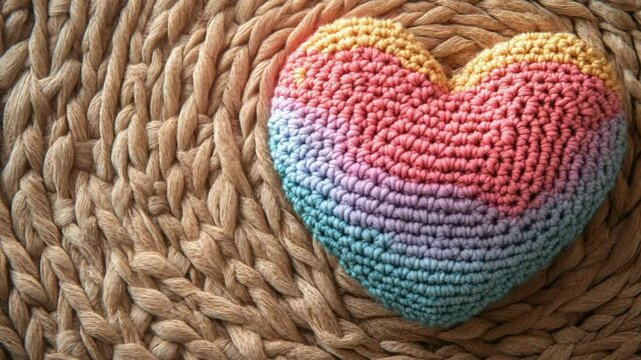 Colorful crochet heart resting on a woven mat, showcasing handmade craftsmanship and texture