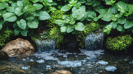 Trickling water flow over green mossy rocks forest stream nature photography fresh environment close-up view serenity concept