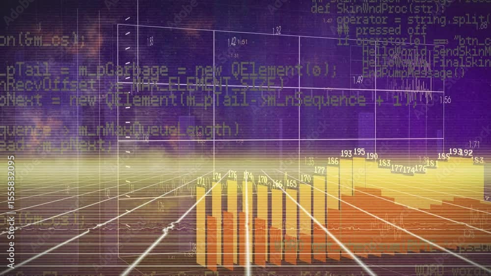 Poster interface illuminating grid and wireframing, sliding code and forming labeled bars showing trends