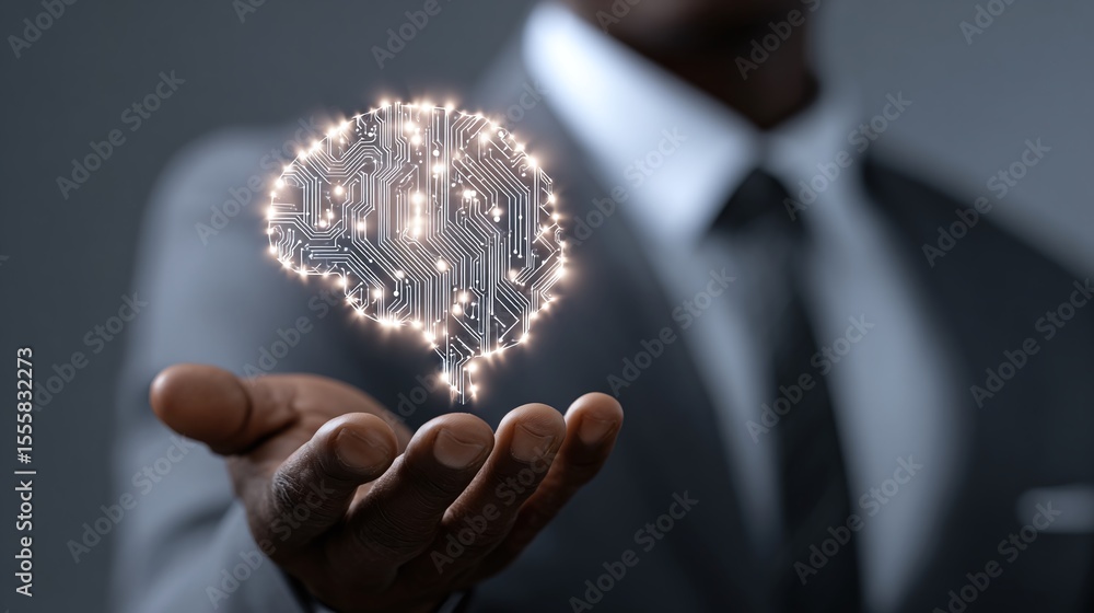 Poster artificial intelligence: an individual holds an ai-powered brain model, symbolizing the intersection