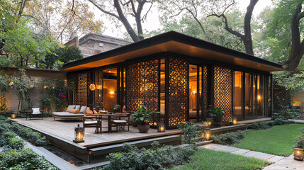 Relaxing evening gathering modern garden house architectural structure serene atmosphere outdoor viewpoint tranquility concept