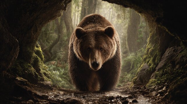 Bear emerging from a mossy cave, facing forward. The surrounding forest is lush and dense, creating an atmospheric wildlife scene.