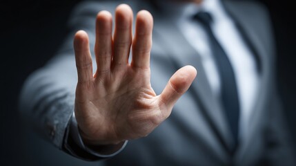 Hand gesture indicating "stop" or "halt", business setting, conveying message of denial, rejection, or termination, communication, prohibition, authority.