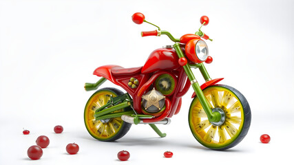 Red motorcycle with kiwi wheels and cherry accents