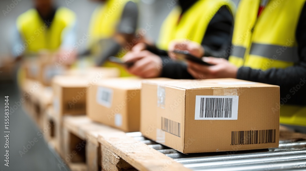 Poster warehouse workers scan and manage packages on a conveyor belt, ensuring efficient sorting and distri