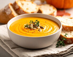 Creamy Pumpkin Soup with Roasted Seeds and Autumn Garnish – Food Photography