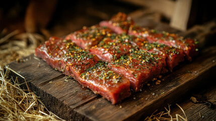 Raw pork ribs seasoned with herbs and spices, placed on a wooden butcher board with straw scattered around in a farm kitchen 