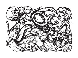 Black and white surreal illustration forming stylized text using distorted and abstract fruit shapes. This hand-drawn ink artwork combines organic fruit forms with expressive linework, creating a uniq