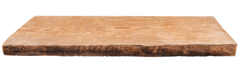 A clean rustic light wooden shelf isolated on white, showcasing natural grain and rough edges, perfect for product presentation or country-style design elements.