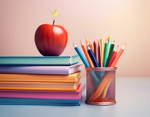 Stack of colorful books with a red apple and a pencil holder, symbolizing education, learning, back to school, and academic knowledge.