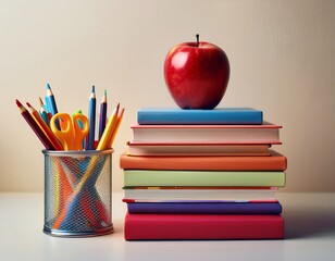 Stack of colorful books with a red apple and a pencil holder, symbolizing education, learning, back to school, and academic knowledge.