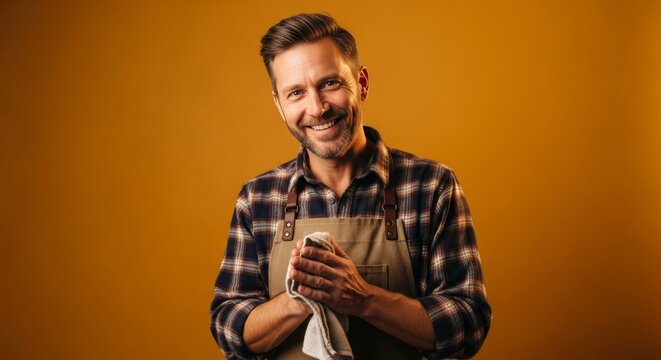 Professional chef portrait, man with apron and cloth, smiling, studio shot, orange tone