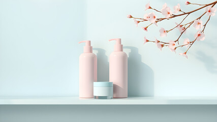 Two pink pump bottles and a small jar on a shelf with cherry blossoms