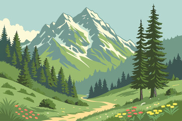 Fototapeta premium Mountain and Nature Landscapes with Cat Illustration in Black Yellow Cyan and Magenta