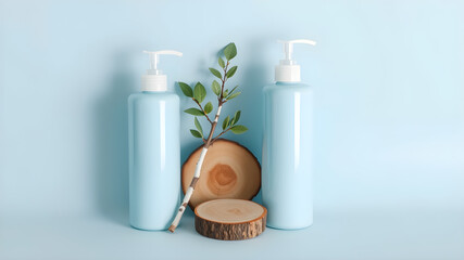 Two pastel blue pump bottles with wood and greenery