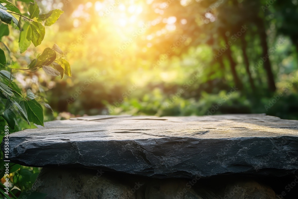 Poster rustic stone tabletop against a blurred natural forest background with sunlight. ideal for showcasin