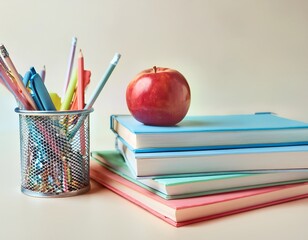 Stack of colorful books with a red apple and a pencil holder, symbolizing education, learning, back to school, and academic knowledge.