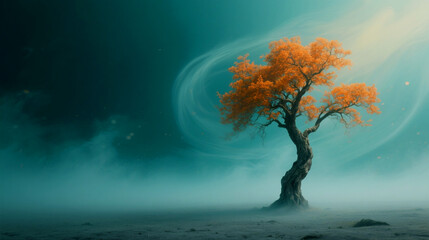 Solitary ancient tree with vibrant orange foliage stands against a mystical teal sky
