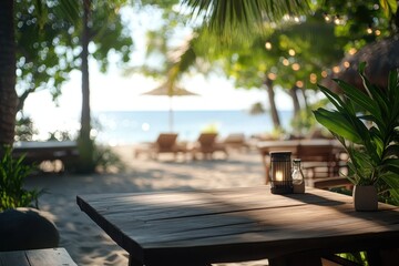 Beachfront restaurant scene with wooden table, plants, and blurred lounge chairs. Showcase tropical vacations, dining, or add an inviting beach vibe.