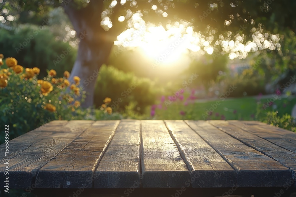 Poster rustic wood table stands before bright, dreamy garden scene at sunset. ideal backdrop to display pro