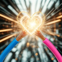 Electric Wires Forming Glowing Heart, Energy Connection and Love Concept.
