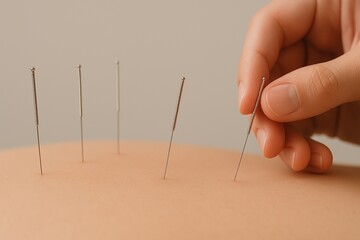 Acupuncture Therapy, Hand Inserting Needles into Skin, Traditional Chinese Medicine.
