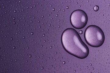Purple Water Drops on Metallic Surface, Shiny Abstract Wet Texture Background.