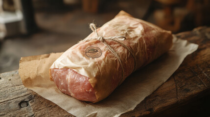Raw pork loin wrapped in butcher paper, tied with twine, resting on a wooden surface with a farm logo stamp visible 