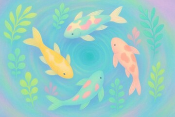 Pastel Cartoon Koi Fish in Pond, Soft Children’s Illustration with Aquatic Plants.