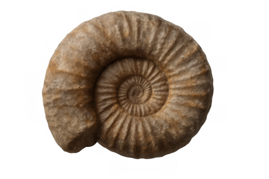 Close-up of an ammonite fossil revealing intricate spiral patterns, isolated on a transparent background