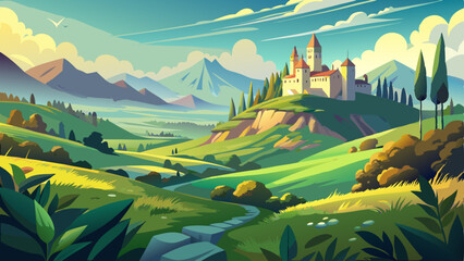 Naklejka premium A beautiful landscape featuring rolling hills and lush greenery with a majestic castle visible in the distance. The scene captures serene natural beauty, with soft sunlight highlighting the castle’s