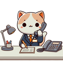 Cartoon Cat in Suit Answering Phone at Office Desk Illustration