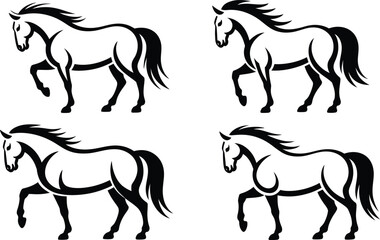 Obraz premium Set of four elegant black and white horse silhouette illustrations