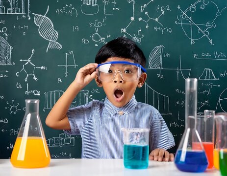 Excited young boy in safety goggles stands in front of a chalkboard with chemistry formulas, surrounded by colorful laboratory beakers, embodying curiosity and STEM education.