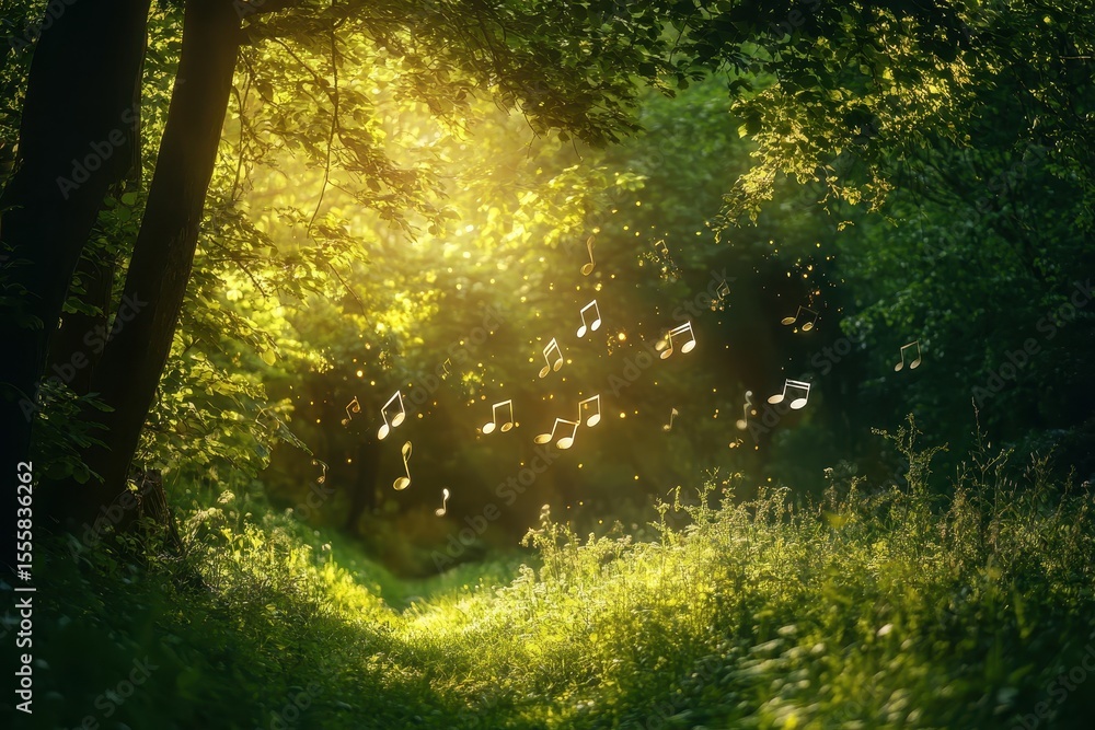 Poster sunlight shines through forest trees with floating music notes. image ideal for illustrating music, 