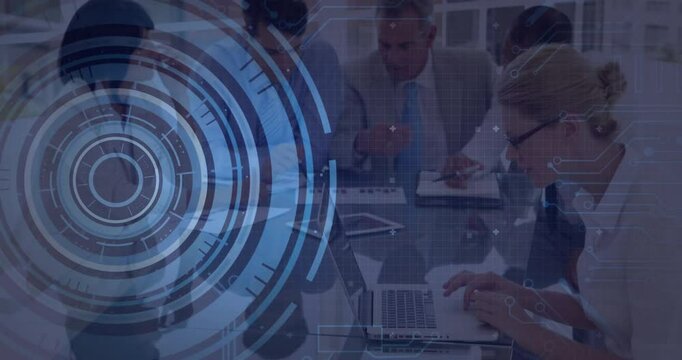 Team analyzing code while blue HUD graphic animating left initiating JS code overlay shifting